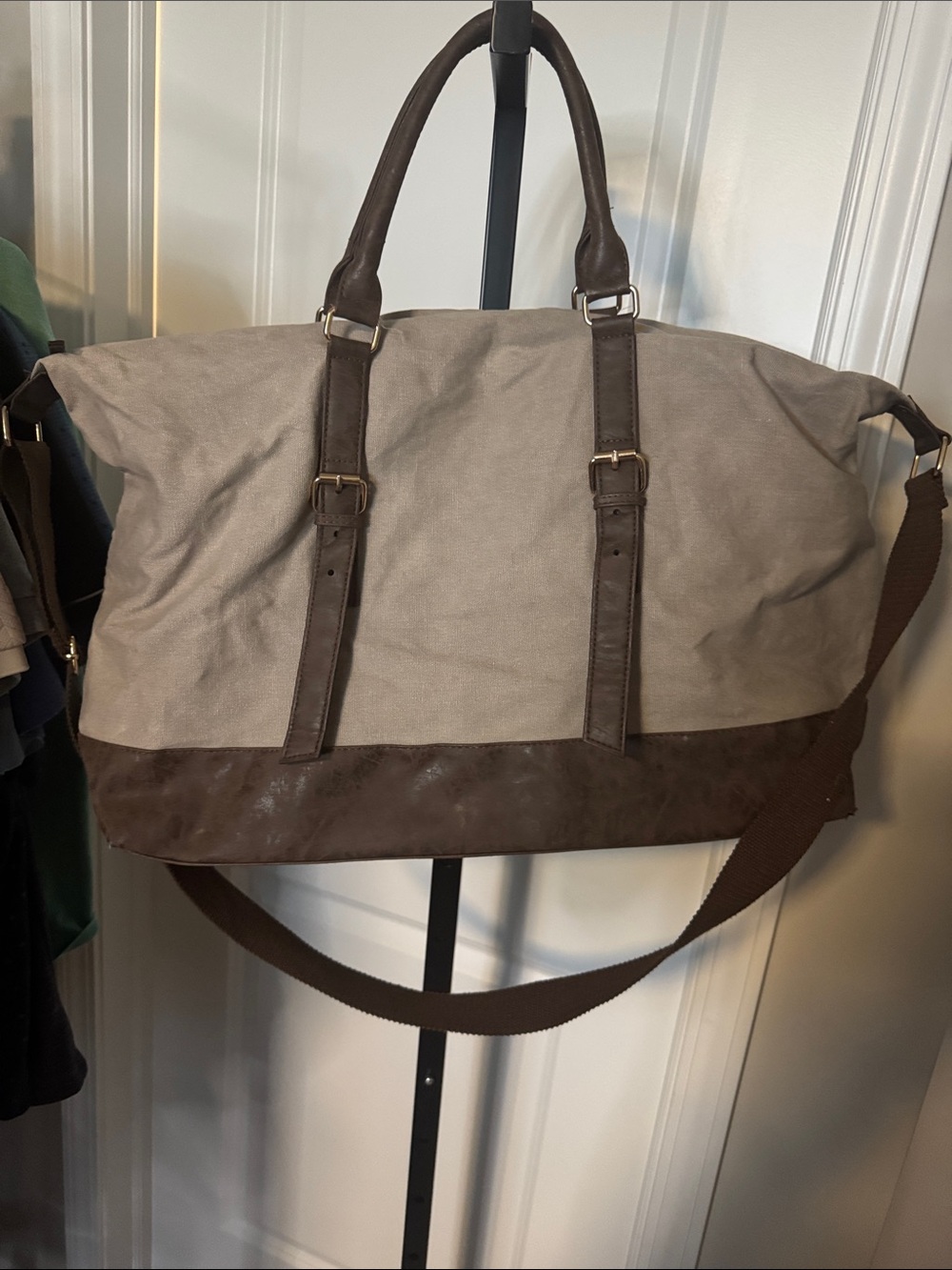 Canvas and Leather Two-Tone Weekender Bag - Beige/Brown